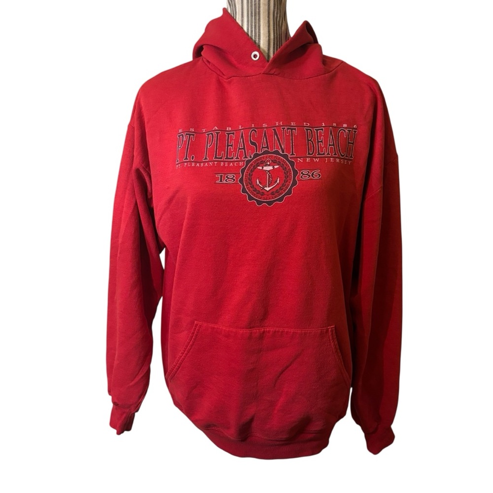 🇺🇸 Hoodie Sweatshirt L Red Point Pleasant Beach, NJ Graphic Black White No Ties